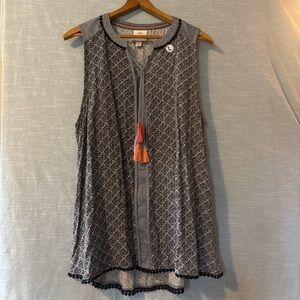 Knox Rose Sleeveless Blouse Tied Neckline Pullover Blue/Black Women’s Sz L NWOT